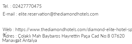 Diamond Elite Hotel & Spa telefon numaralar, faks, e-mail, posta adresi ve iletiim bilgileri